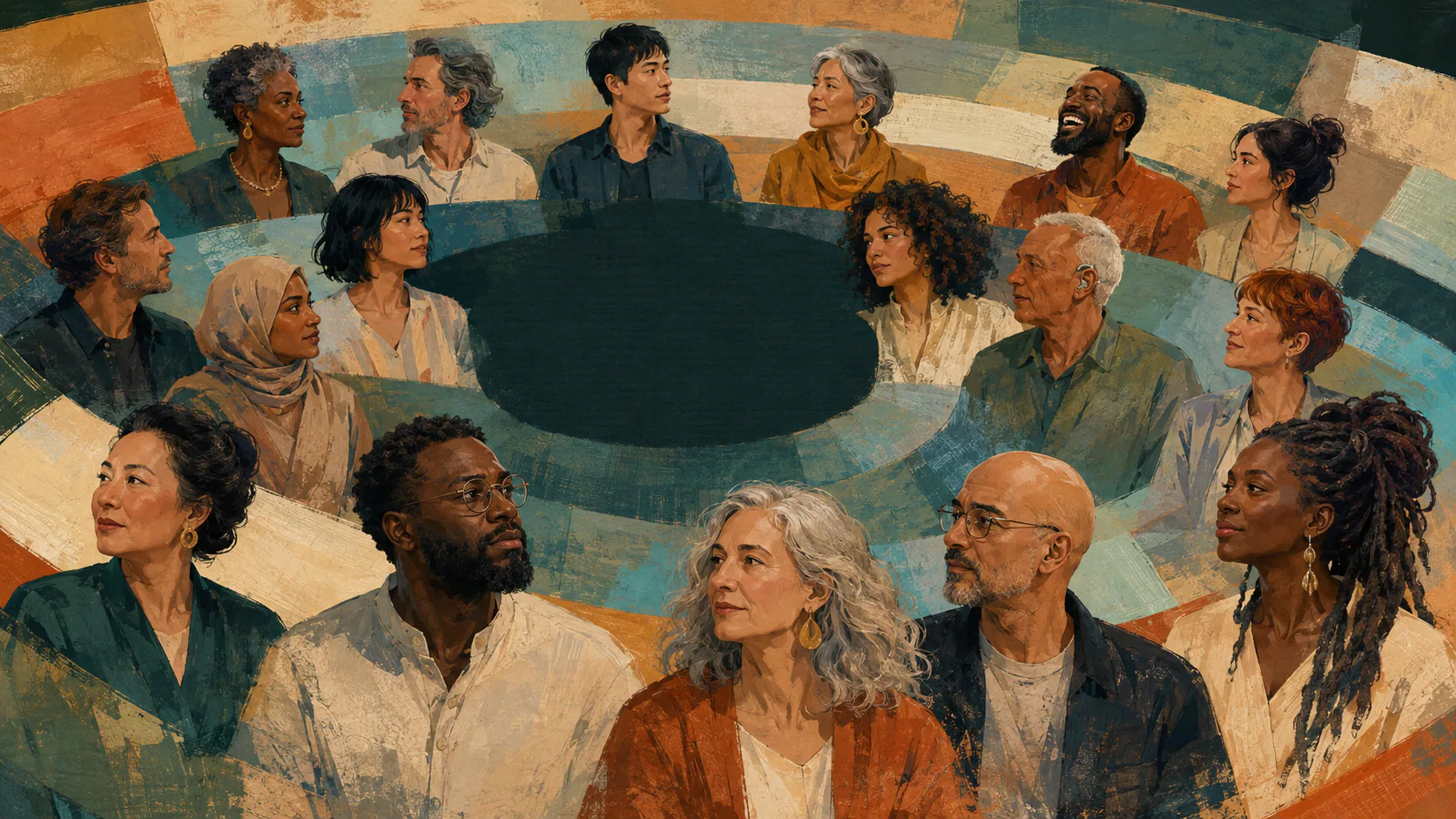 A hand-painted tapestry of people of different ages and backgrounds gathered around an open deep-green center