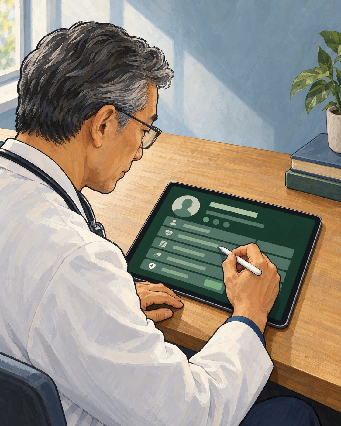 A physician reads a completed patient profile on his tablet, stylus in hand