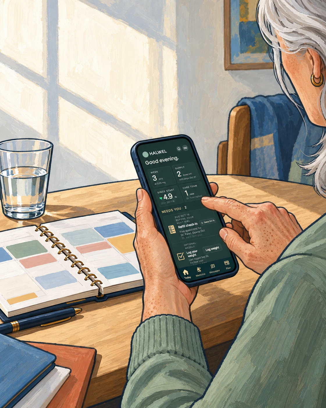 A woman uses the Halwel member portal on her phone for ongoing care