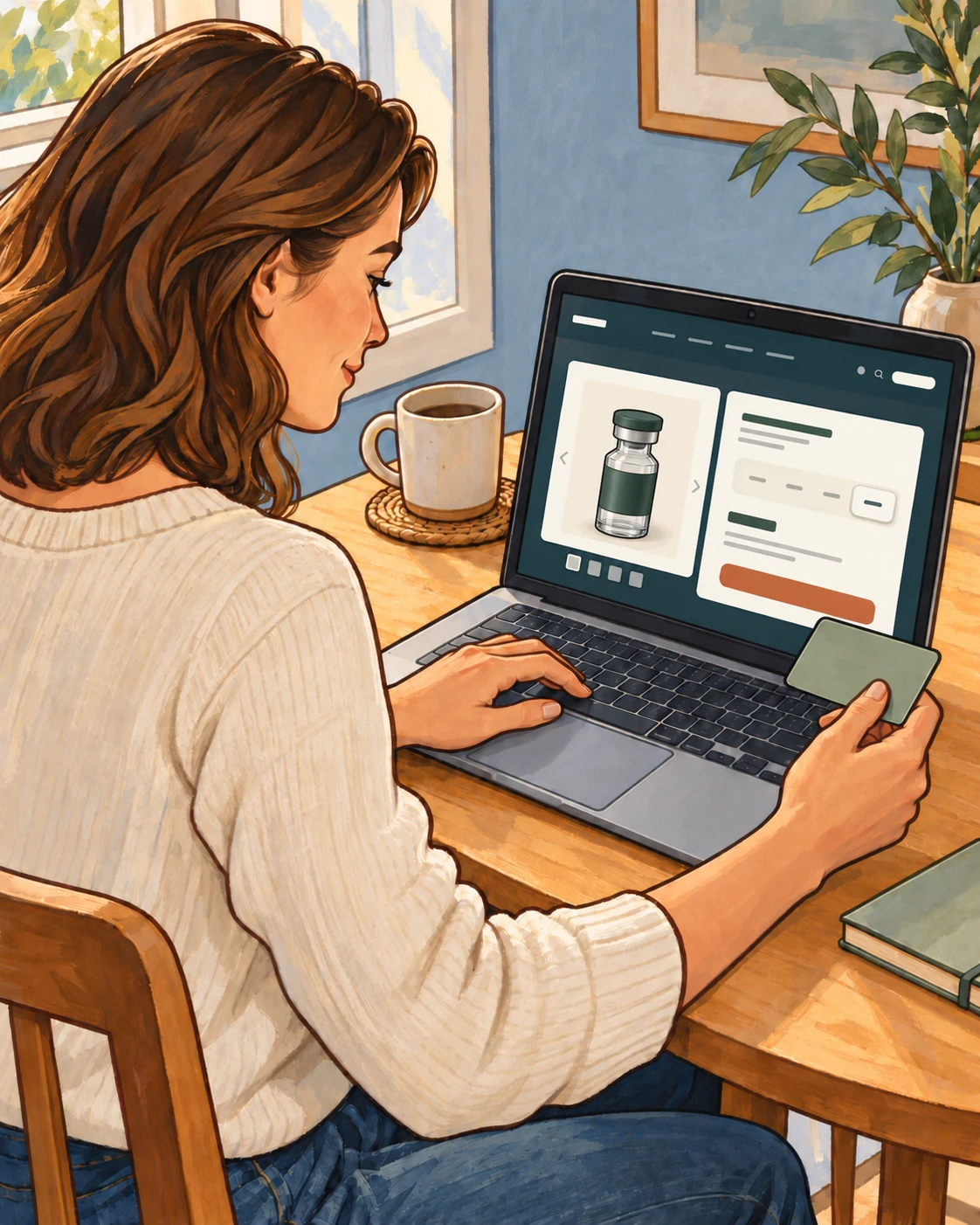 A woman at her kitchen table chooses a plan on Halwel's product page, card in hand