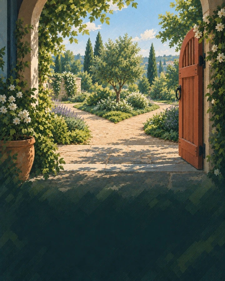 An open garden gate reveals paths leading through sunlit greenery