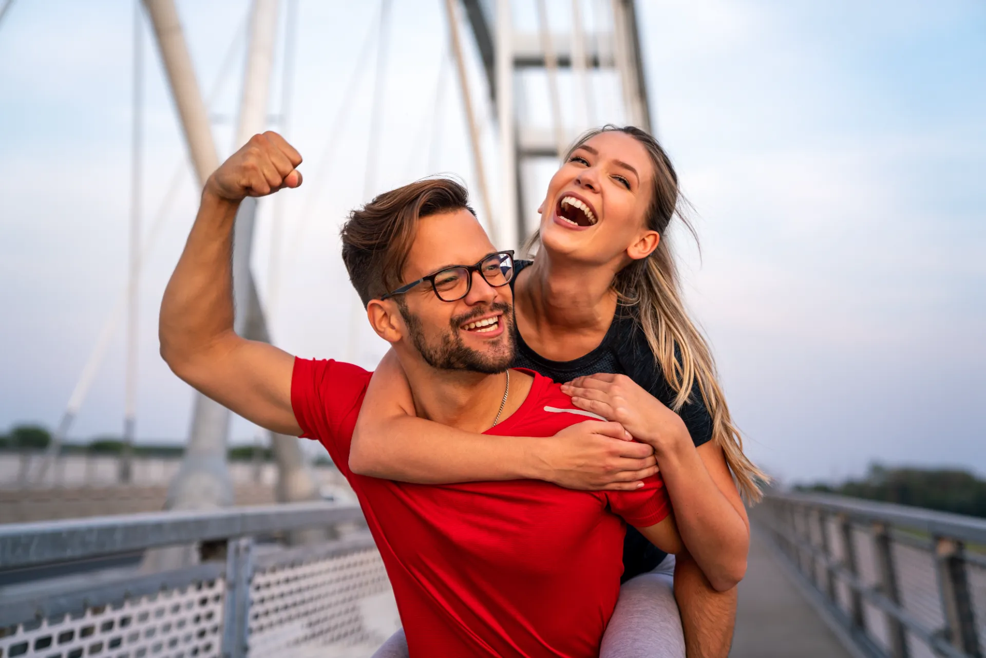 early morning workout happy couple running across utc ()
